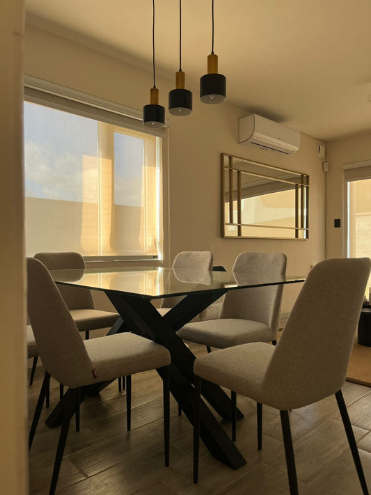 MESA ROMA – Vidrio Templado + Base Metálica Cruzada