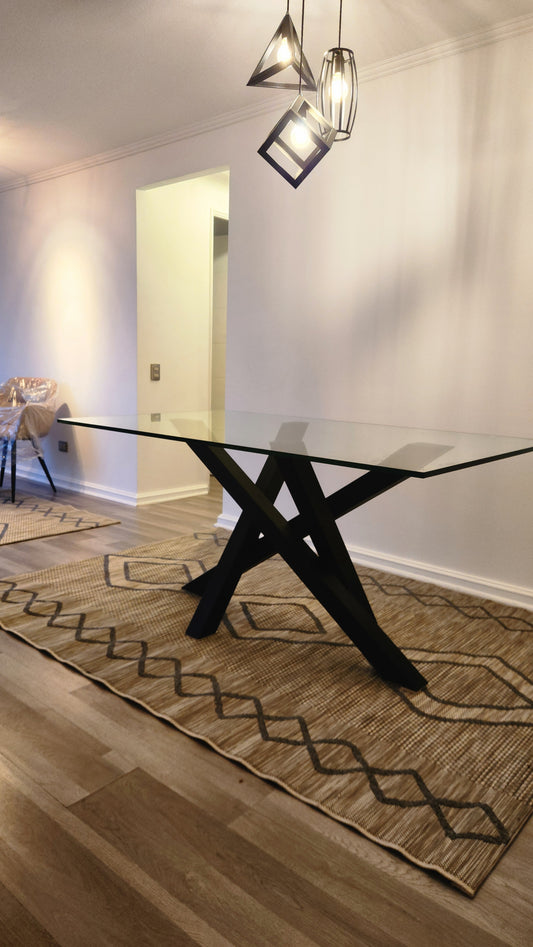 MESA ROMA – Vidrio Templado + Base Metálica Cruzada