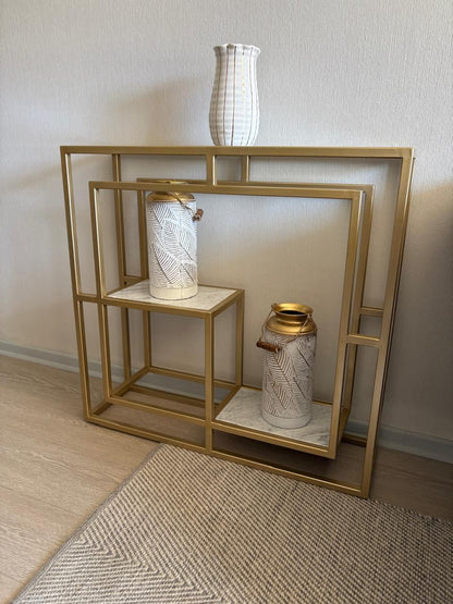 ARRIMO ESCULTÓRICO 25×90×85 cm – Vidrio Superior + Doble Nivel de Mármol